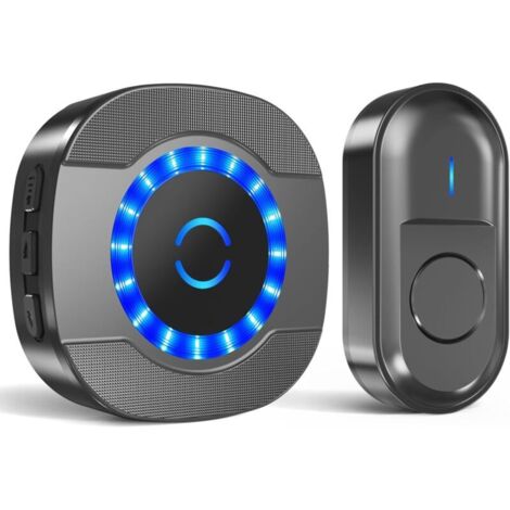 Sonnette sans Fil Exterieur Étanche, 300M Sonnette Longue Portée avec Récepteurs Enfichables, Carillon Electronique Kit pour la Maison, LED Bleu, 55 Mélodies, 5 Niveaux Volumes, Noir