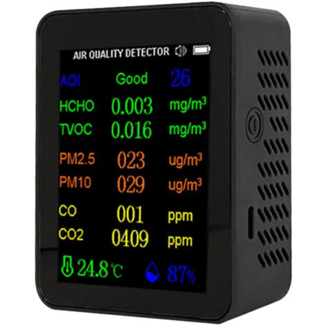 Compteur de qualité de l'air portable 9 en 1 PM2.5 PM10 CO CO2 TVOC HCHO AQI Testeur de température et d'humidité Écran couleur Détecteur de dioxyde de carbone avec fonction d'affichage de l'heure et