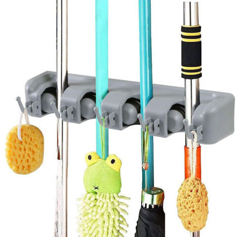 Porte Balai Mural Multifonctions,Support Cintre de Rangement pour Votre Cuisine,Garage,Buanderie (4 Emplacements et 5 Crochets)