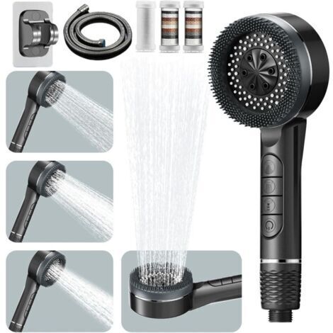 Pommeau de Douche Haute Pression, 4 Types de Jets avec Bouton D'arrêt D'eau Pommeau de Douche Anti Calcaire avec Tuyau Douche 1.5M et Support de Douche, Pommeau Douche Economie, Gris (Dark grey) (1/5)