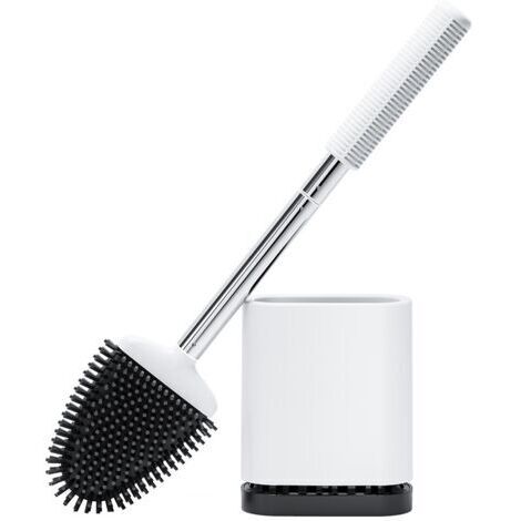 Brosse WC Silicone, Brosse de Toilette Silicone et Support, Balayette WC Suspendu à Séchage Rapide avec Manche en Acier Inoxydable, Balai Toilette Salle de Bain, Autoportant/Mural, Blanc