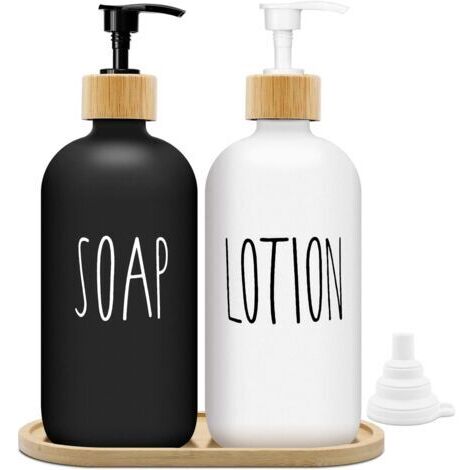 Distributeur de Savon Noir et Blanc Mat Set 500ml Distributeur de Savon en Verre avec Plateau Distributeur de Liquide Vaisselle Distributeur de Savon pour la Cuisine et la Douche (Blanc + Noir)