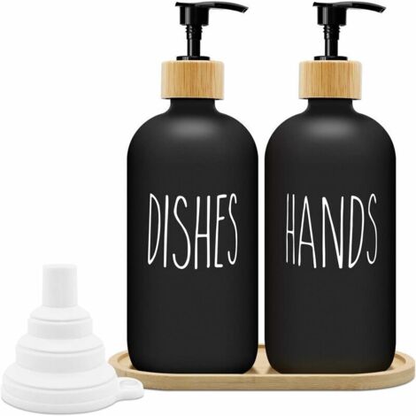Distributeur de Savon Noir Mat Set 500ml Distributeur de Savon en Verre avec Plateau Distributeur de Liquide Vaisselle Distributeur de Savon pour la Cuisine et la Douche (Noir x 2)