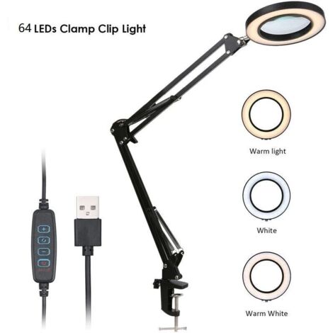Loupe Loupe avec clip LED Grossissement 5x Luminosité réglable Dimmable 3 couleurs Changement de température Lampe de bureau Alimentée par USB avec support flexible