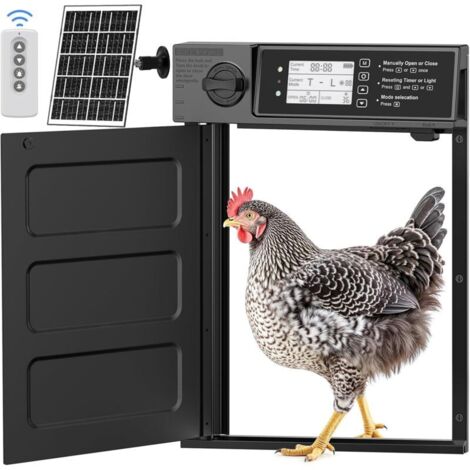 Taille Porte Poulailler Automatique Solaire avec 7W Panneaux Solaires, Écran LCD, Porte Automatique Poulailler en Aluminium avec Capteur de Lumière, Minuterie, Fonction Anti-pincement