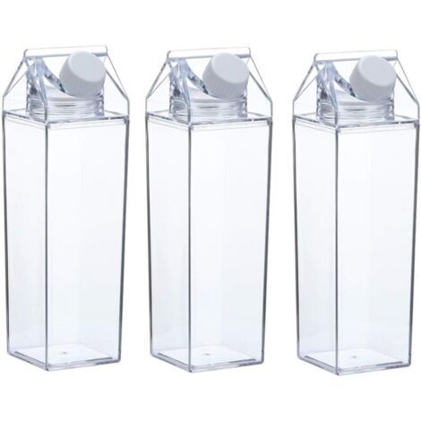 Lot de 3 bouteilles d'eau en carton de lait clair carré bouteilles de lait tasse en plastique étanche(1000ML) (1/4)