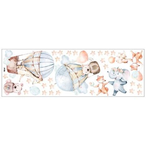 Autocollant mural décoratif pour enfants, montgolfière avec animaux de dessin animé, n'attaque pas le mur, réutilisable, résistant aux rayures et à l'eau, amovible, 90x30 cm, multicolore