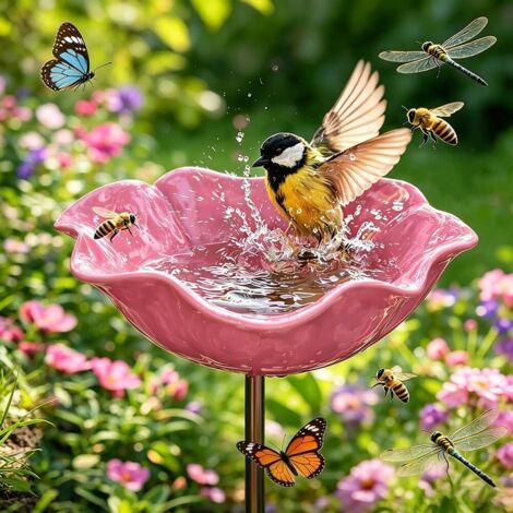 Abreuvoir à oiseaux en métal à motif floral, piquet de jardin artisanal, résistant à l'hiver, pour oiseaux et insectes, abreuvoir à abeilles pour jardin et terrasse, rose, 1 pièce