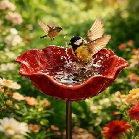 Abreuvoir à oiseaux en métal à motif floral, piquet de jardin artisanal, résistant à l'hiver, pour oiseaux et insectes, abreuvoir à abeilles pour jardin et terrasse, rouge, 1 pièce