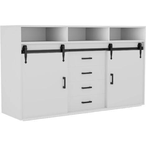 Buffet HOMAVO portes coulissantes 4 tiroirs 140 cm blanc HG1-L