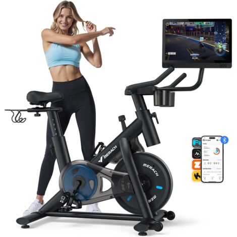 Merach – Vélo d'appartement magnétique 6kg – 8 niveaux de résistance – Écran HD 15,6″ – Connectivité Bluetooth – Support haltères – Fitness à domicile