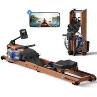 Merach – Rameur à eau pliable en bois massif – 6 niveaux de résistance – Capacité 180 kg – Compatible Kinomap et Zwift – Entraînement connecté