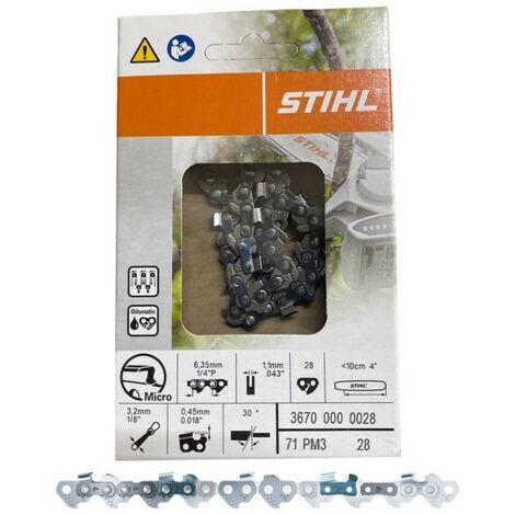 Stihl – Chaine de tronçonneuse 10 cm – Pas 1/4" – Jauge 1.1 mm – 28 dents – Coupe nette pour bois dur et teck