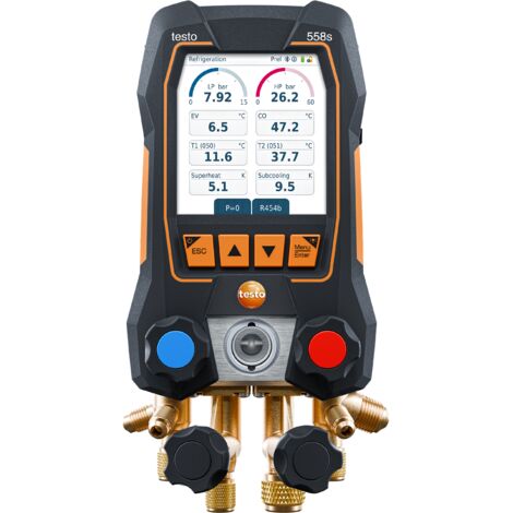 Testo – Manifold numérique 4 voies avec écran tactile – Pression max 60 bar – IP54 – Compatible A2L et A3 – Charge hybride accumulateur et piles