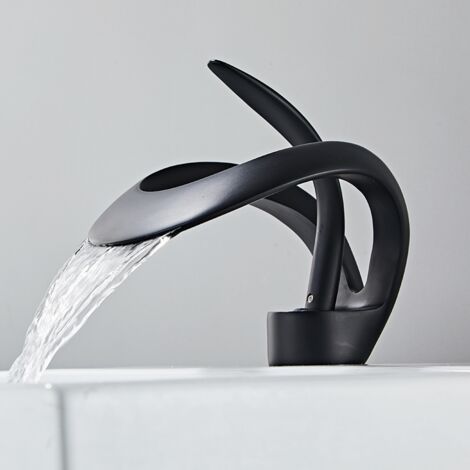 Robinet de lavabo cascade moderne – Mitigeur monotrou en cuivre Mitigeur eau chaude/froide noir – Design élégant, sans plomb (1/4)