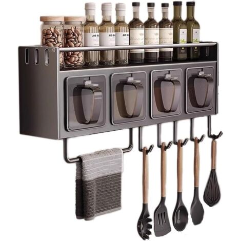 Étagère à épices murale en acier inoxydable avec crochets – Étagère suspendue au-dessus de la cuisinière, organiseur d'ustensiles de cuisine pour cuillères et pots d'assaisonnement