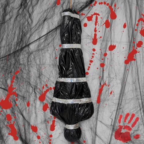 Décoration d'Halloween à suspendre, accessoire de victime décédée de 150 cm, faux cadavre gonflable effrayant dans un sac pour décoration intérieure et extérieure, maison hantée, noir (1/5)