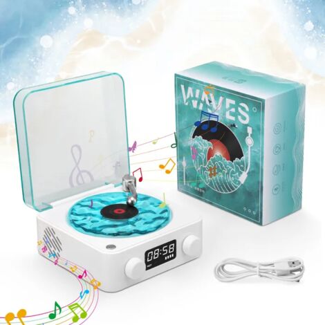 Lecteur vinyle, enceinte Bluetooth, haut-parleur vinyle vintage portable avec lumière et minuterie réglables pour chambre à coucher, fête, blan (1/5)