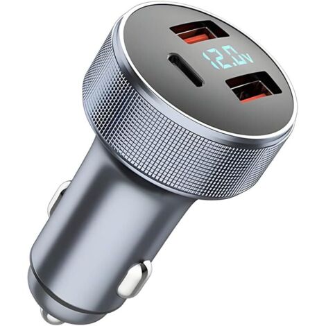 72W Chargeur Voiture Allume Cigare USB, Adaptateur de Charge Rapide Métaux, USB Dual 18W QC 3.0 + 36W PD, Chargeur de Voiture USB avec Voltmètre LED (Gris) (1/4)