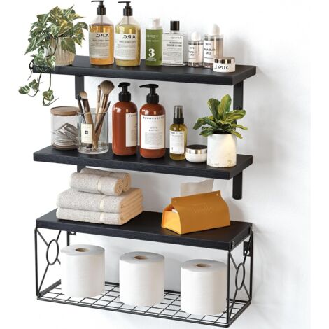 Lot de 3 + 1 étagères flottantes en bois de paulownia avec panier métallique pour la maison, la décoration murale, la salle de bain, la cuisine, le salon, le bureau, naturel noir (1/5)