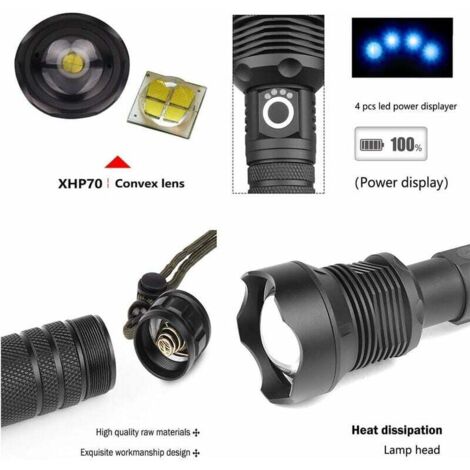 Lampe Torche LED XHP70.2 - 100000 Lumens, Rechargeable, Étanche IP67