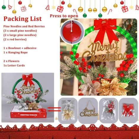 Couronne Décoration de Noël Lumineuse, 40CM Couronne de Noël avec LED, Décoration de Porte de Noël, Guirlandes pour Décoration Intérieure et Extérieures, Escaliers