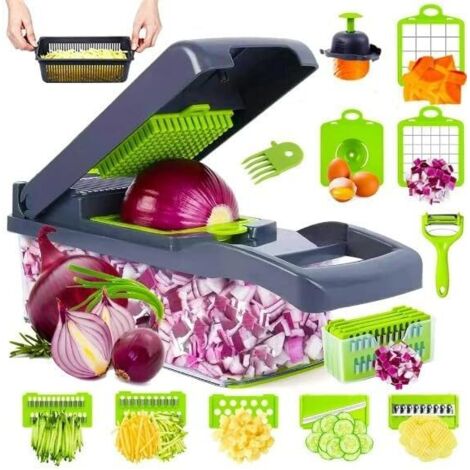 Hachoir à légumes professionnel 16 en 1 - Acier inoxydable, sans BPA Ensemble mandoline, trancheuse et coupe-légumes avec panier d'égouttage, rangement compact de 30 cm (1/4)