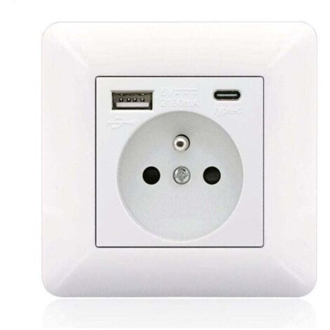 Panneau de prises françaises Type-c+USB16A Type 86, nombre de prises : 2 trous, nombre de ports USB : 1, nombre de ports type-c : 1, sûr et ferme(arc blanc) (1/3)