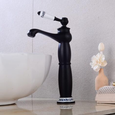 Robinet à levier unique - 32 cm - Style rétro - En laiton - Pour salle de bain - Pour lavabo - Eau chaude et froide - Noir (1/4)