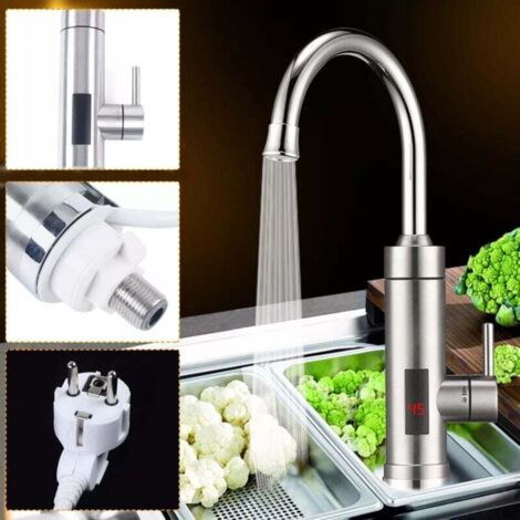 Robinet d'eau chaude instantanée à 360° - En acier inoxydable - Chauffage instantané - 3000 W LED Électrique Chauffe-Eau Robinet Salle de bains / cuisine - Argenté (1/4)