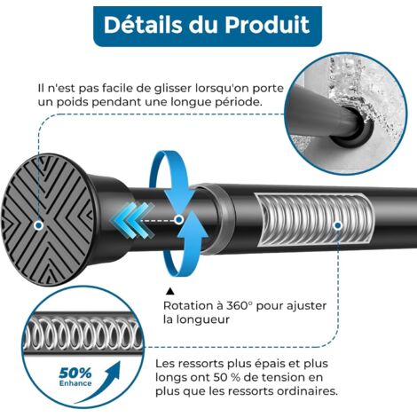 Tringle à Rideau Sans Perçage Extensible 70-120 cm - Barre de Douche à Tension à Ressort Noir, Installation Facile pour Porte/Fenêtre/Salle de Bain (pour Rideaux Légers, Tringle Extensible)