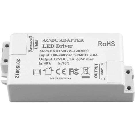 Vtizikl Transformateur d'alimentation LED Adogo - 60 W, 12 V CC, 5 A - Tension constante pour lampes à LED et ampoules LED G4, MR11, MR16, blanc, 60W 60.00watts 12.00volts (1/4)