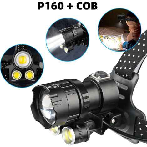 Phare Rechargeable, Phare XHP160 LED avec Lumière COB, Phare Puissant 4 Modes Zoomable et Phare Étanche pour Camping (1/5)