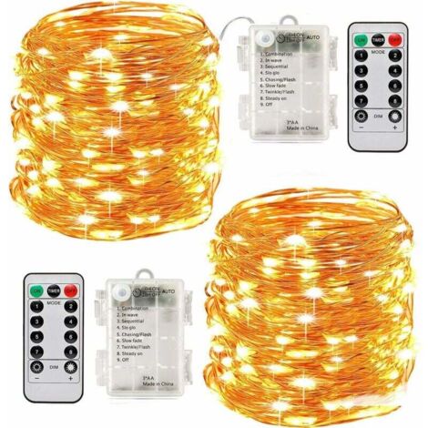 2 x10m Guirlande LED Lumineuse à Pile 100 LEDs Fonction Minuterie avec Télécommande IP65 Etanche Décoration intérieur et extérieur pour Noël Mariage Soirée Maison Jardin (Jaune) (1/5)