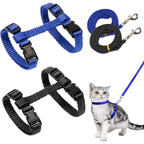 Lot de 2 harnais de chat en nylon réglable (bleu noir) harnais de chat doux avec laisse pour chatons chiots lapin (1/5)