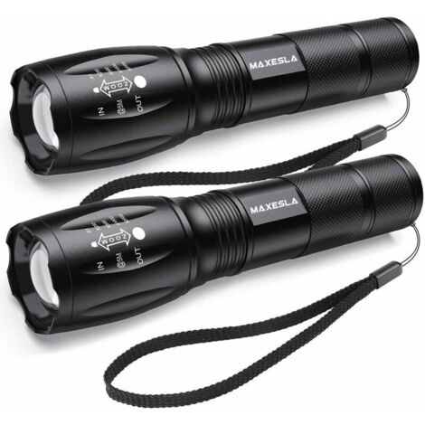 Lampe Torche LED Ultra Puissante, 2000 Lumens Lampe de Poche, IP65 Étanche Lampe Tactique, Zoomable, 5 Modes D'éclairage, Antichoc Anti-dérapant pour Camping Randonnée Urgence, Lot de 2 [Classe énergé