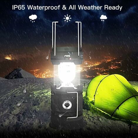 ZVO Lampe Camping LED Solaire/USB Rechargeable – 2 Modes, Torche 360°, étanche, Pliable, Noir