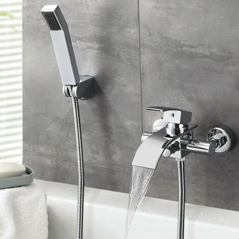 Robinet de Baignoire Cascade Mitigeur de bain en Acier Inoxydable Robinet de Douche Chromé Mitigeur Cascade avec Douchette à Main pour Salle de Bains
