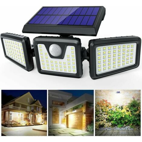 100LED Lampe Solaire de Sécurité à Détecteur de Mouvement, Spot Mural Extérieur Puissant sans Fil avec 3 Têtes (1/5)