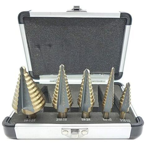 5 Pcs Foret Fraise Meche Etage, Foret Étagé, avec Boîtier en Aluminium Professionnel, Tige Hexagonale, avec Tampon de Centrage Automatique, Perçage Précis Dans L'acier, le Métal (1/5)