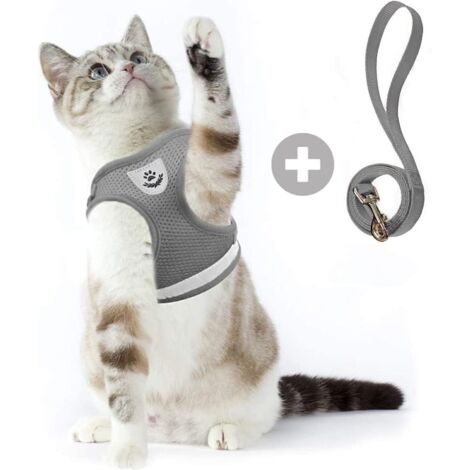 Sangle de poitrine de voyage pour chat d'été Gilet réglable avec cordon de serrage Style réfléchissant Harnais confortable et respirant pour chat avec cordon anti-casse (Gris, XS)