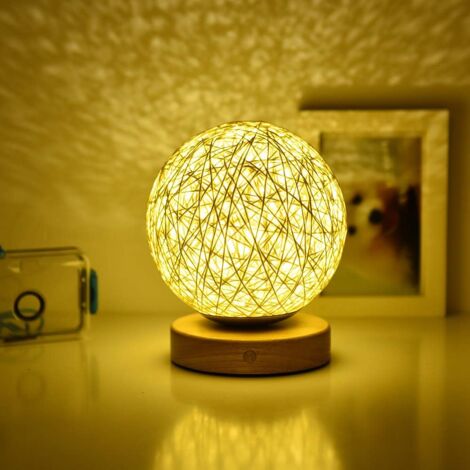 Vtizikl Rotin Lumière de Nuit, Lampe de table en bois avec abat-jour tissé à la main, USB rechargeable, Lampe d'Ambiance de Chambre en Rotin et Bois pour chambre à coucher, salon, Blanc (1/5)