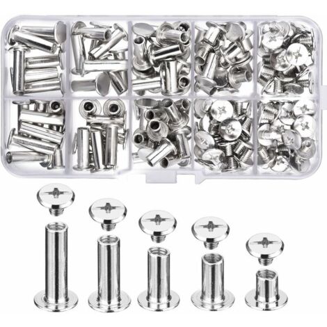 Vtizikl 80 Ensemble Chicago Vis Assortiment Kit 5 Tailles Vis à Tête Croix Ronde en Métal Post Chicago Vis Bouton pour DIY Reliure de Décoration en Cuir (1/4)