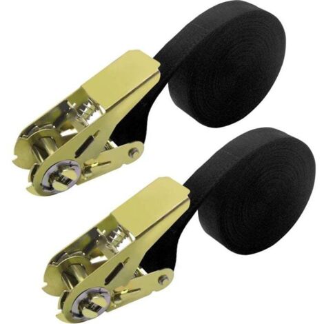 Lot de 2 sangles d'arrimage à cliquet de 6 m - Noir - Capacité d'arrimage : 800 kg - Résistance à la rupture - 6 m x 25 mm - Pour moto, voiture, remorque, maison (1/4)
