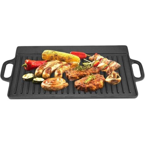 Vtizikl Grille de barbecue, Plaque de cuisson antiadhésive en fonte, striée et plate (1/4)