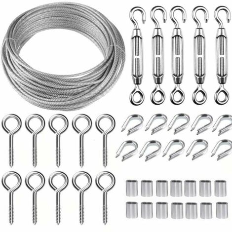 Vtizikl Kit de alambre de acero inoxidable de 30 m y 2 mm para colgar (con tensor y gancho M5) para escalada, vallas de jardín y tendederos. (1/4)