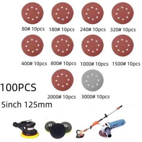 Vtizikl 100pcs 125mm Papier de Verre Rond En Forme De Disques De Ponçage Crochet Boucle Papier Abrasif Polissage Feuille Papier 8 Trous (1/5)