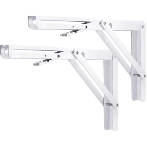 Vtizikl Support d' Étagère Pliable 300mm,2 Pièces Équerres Pliantes Charge Lourde Equerre Etagere Murale Blanc Console Rabattable pour Table Garage Cuisine Chambre, Charge Maximale 150kg (1/4)