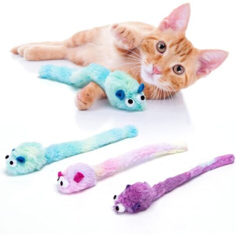 Vtizikl Lot de 3 jouets pour chat en forme de souris, contient de l'herbe à chat, de longs jouets en peluche, une petite souris, un jouet d'activité interactif, la souris jouet a un son (1/4)