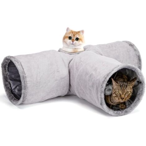 Vtizikl Tunnel pour chat, tunnel pliable à 3 voies avec 1 trou et balle de jeu, tunnel de jeu en forme de T pour chats, lapins et cochons d'Inde, gris (1/4)
